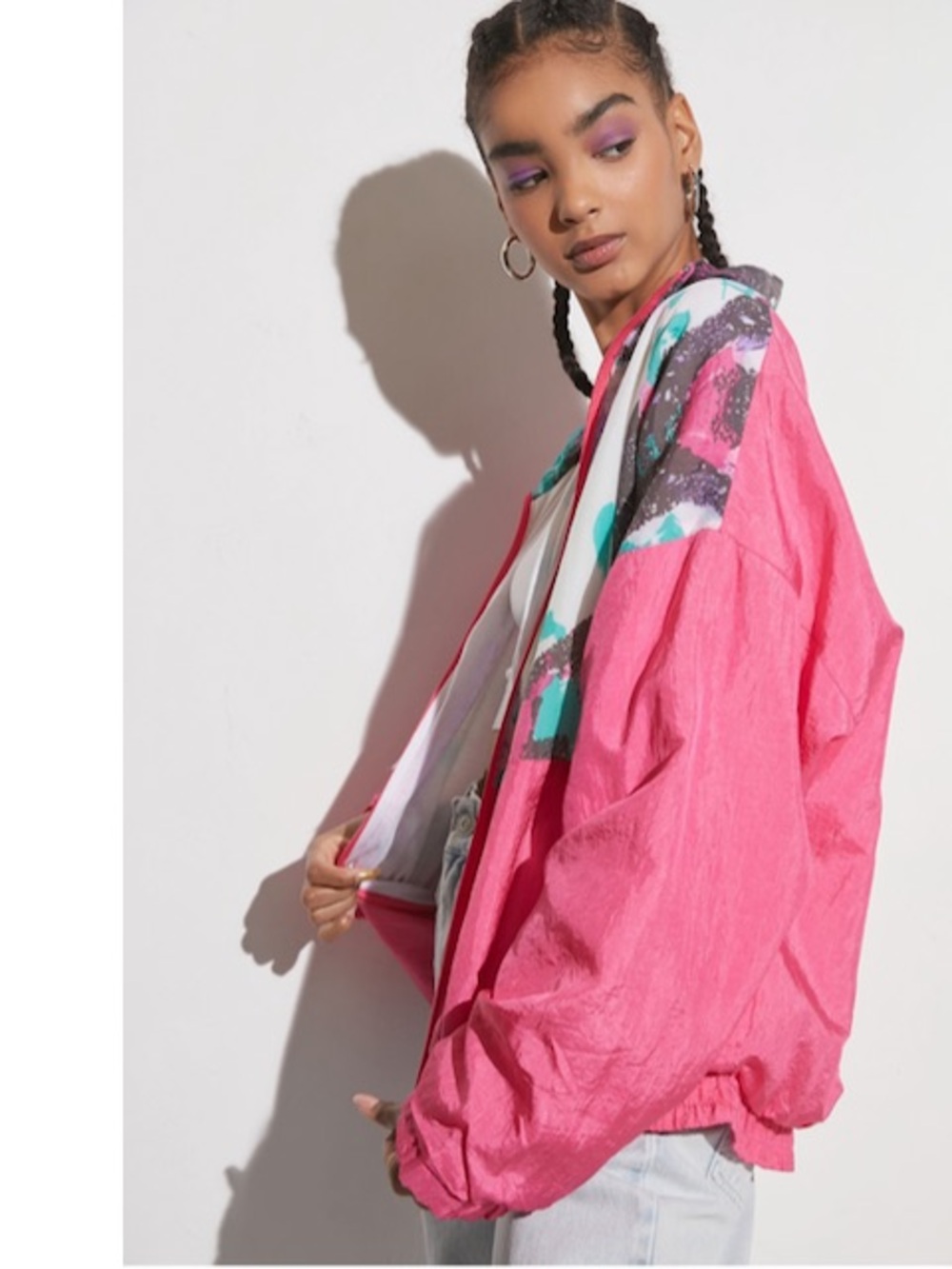 UO Casual Isle Vintage Printed Windbreaker Jacket M Slouchy Retro Teal Silky